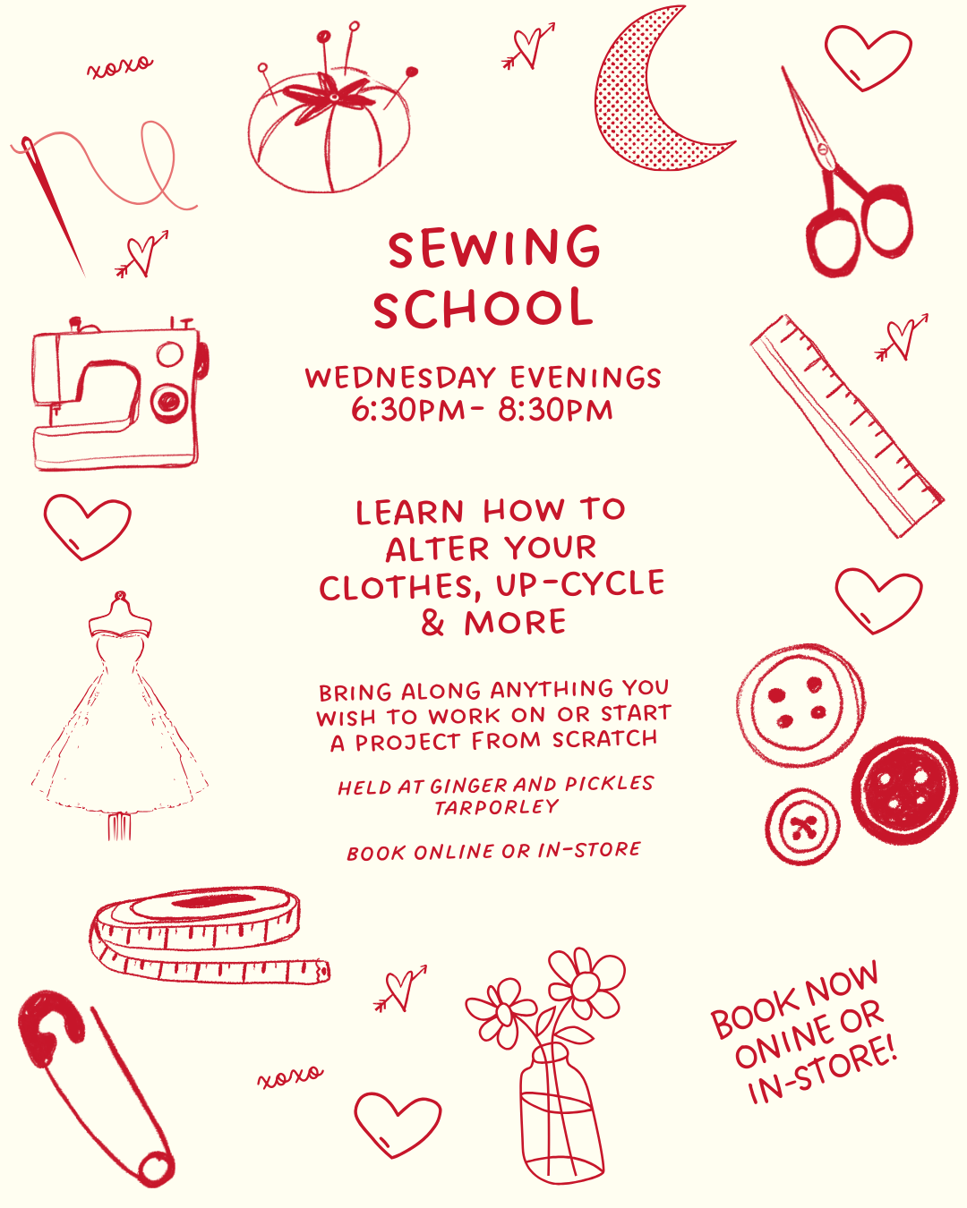 Sewing School (2nd to 23rd April, inclusive, 6.30pm to 8.30pm)