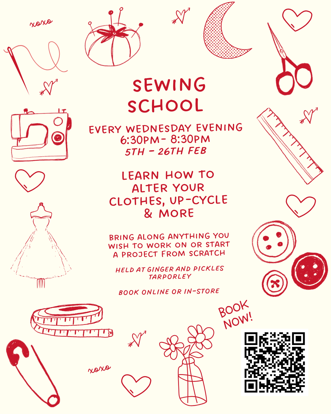 Sewing School (5th to 26th February inclusive, 6.30pm to 8.30pm)